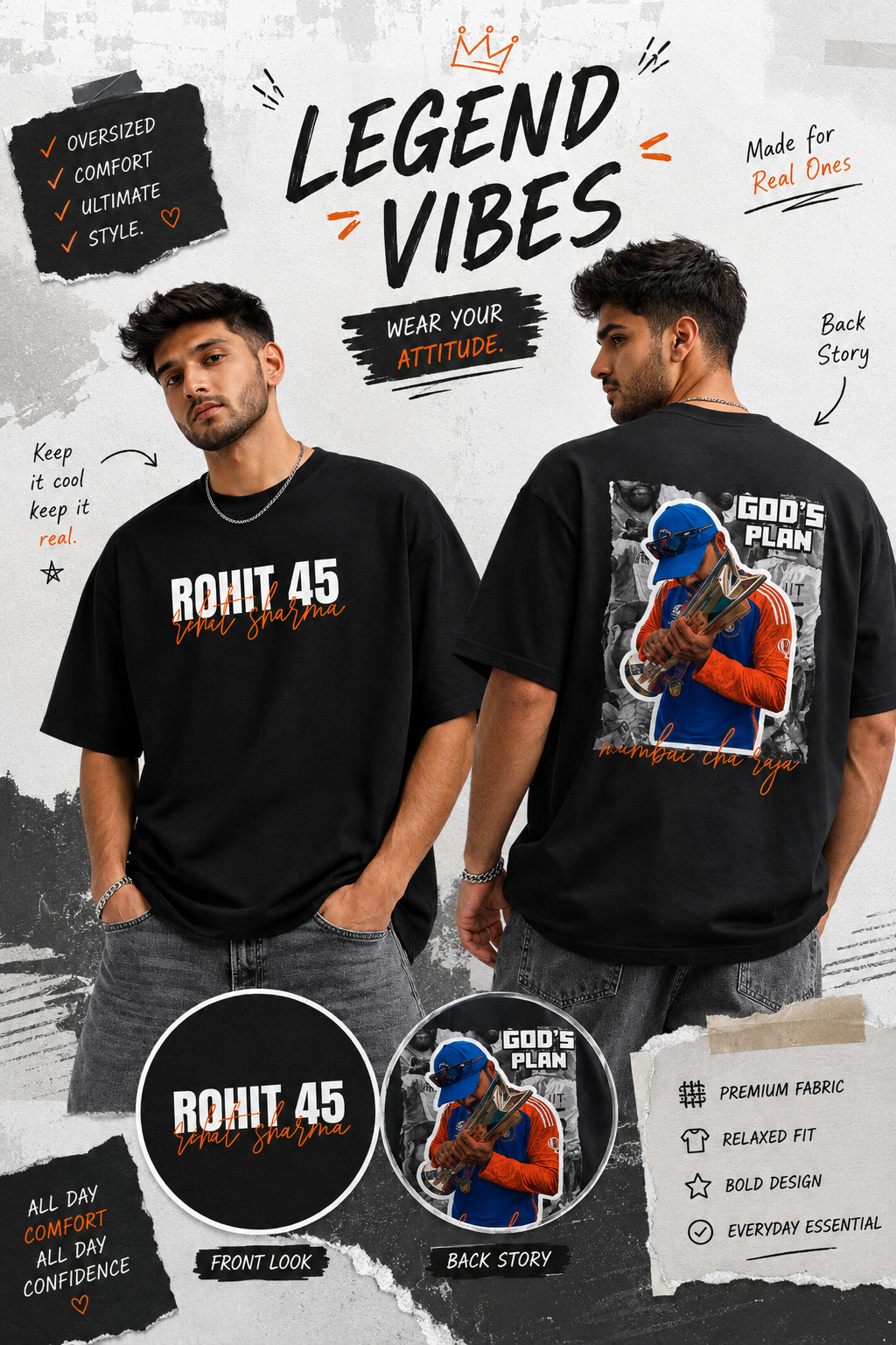 Rohit 45 Oversized Graphic T-Shirt – Premium Cotton Cricket Fan Tee | LayerUp